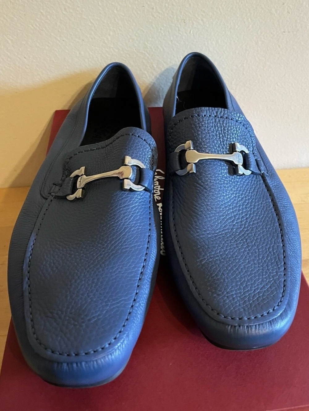 Salvatore Ferragamo Cancun 2 Loafers Blue Pebble Leather 10.5 E